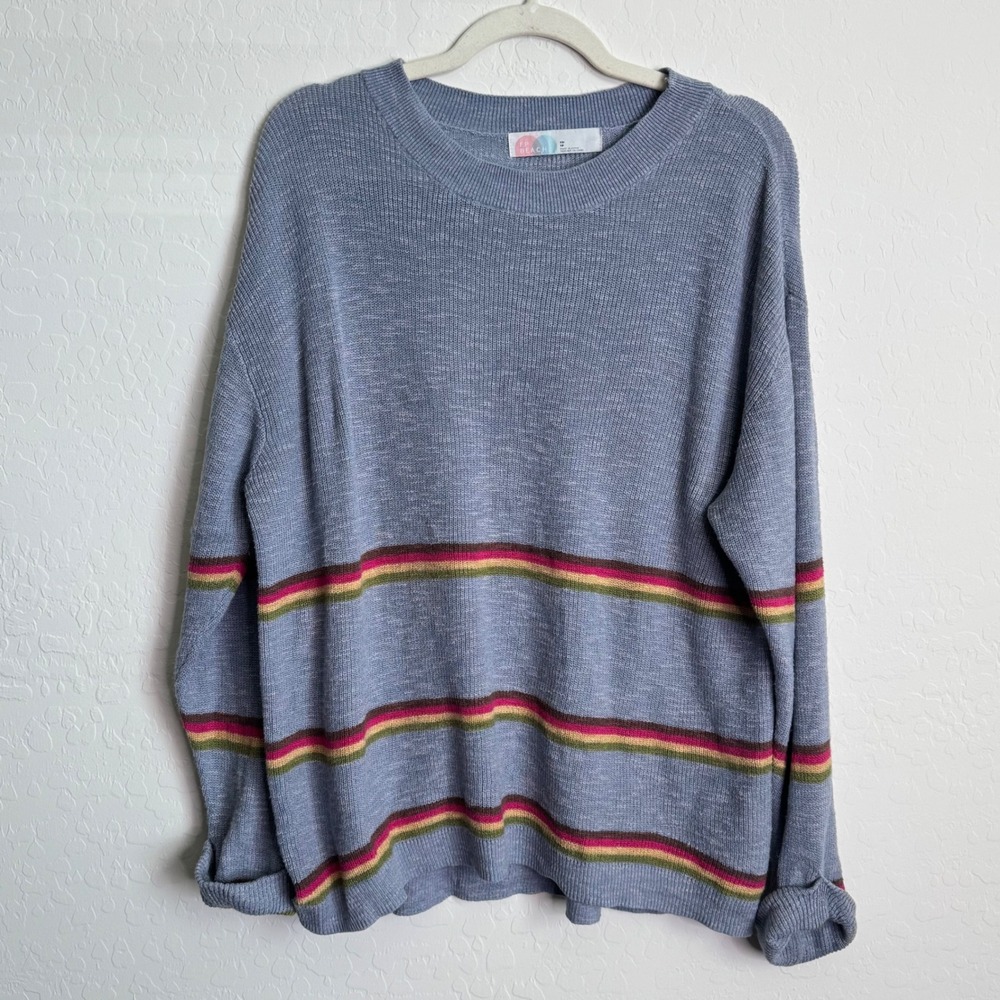 Free People Beach Sz XS Blue Striped Oversized Cotton Blend Sweater Knit Boho